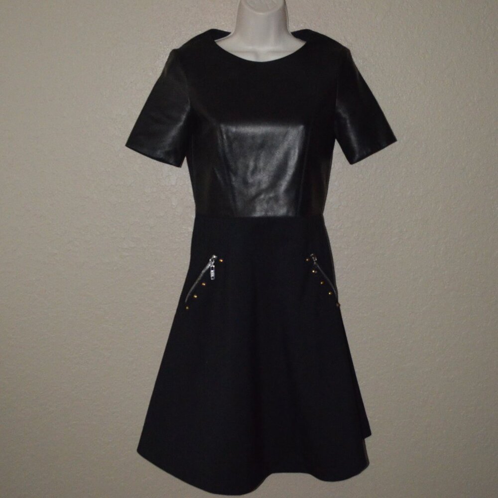 Sz 34 US 0 XS Louis Vuitton Black Short Sleeve Leather Wool Mini Dress